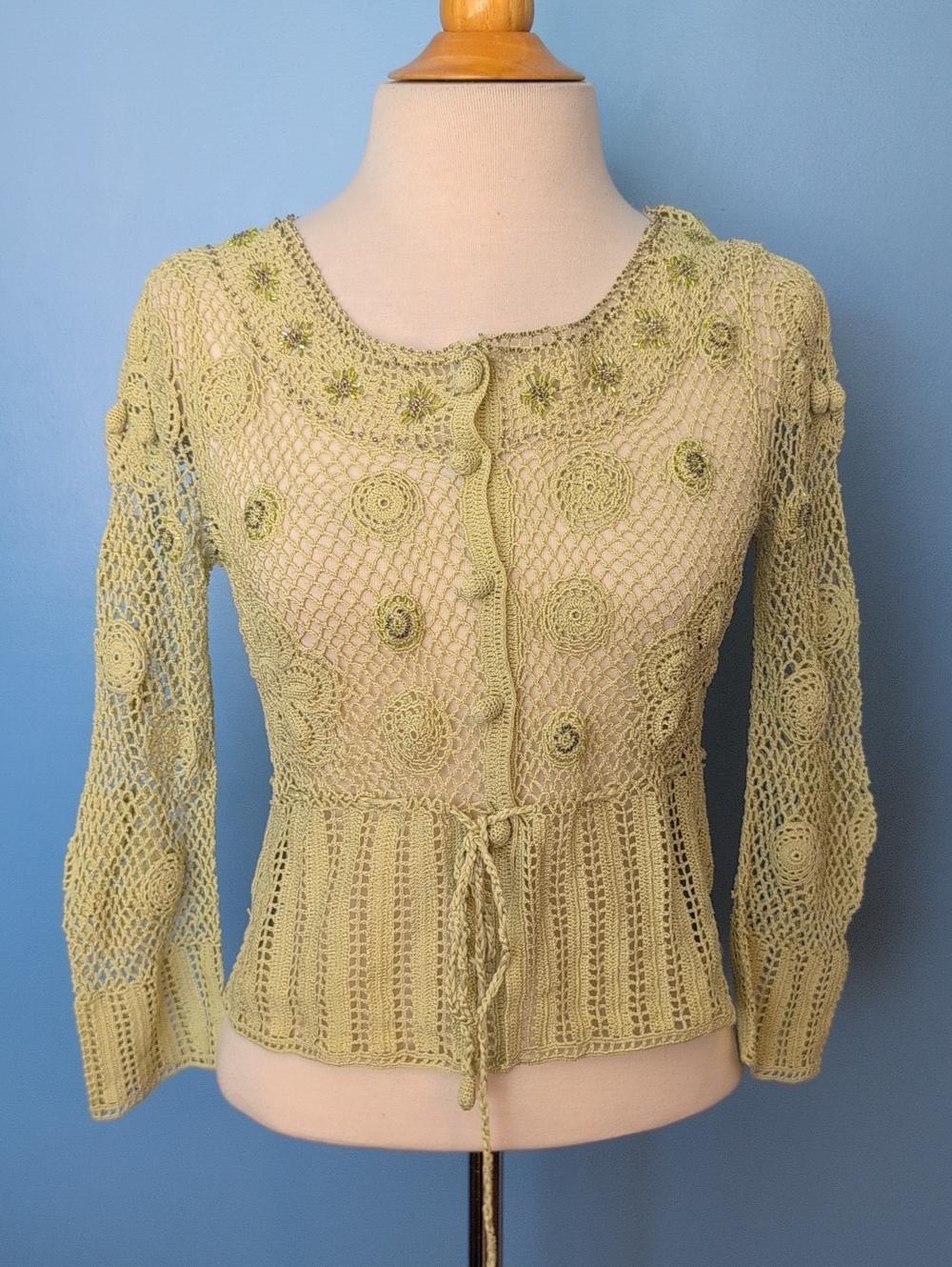 Vintage Anthropologie Moth Beaded Crochet Open Knit Tie Cardigan S
